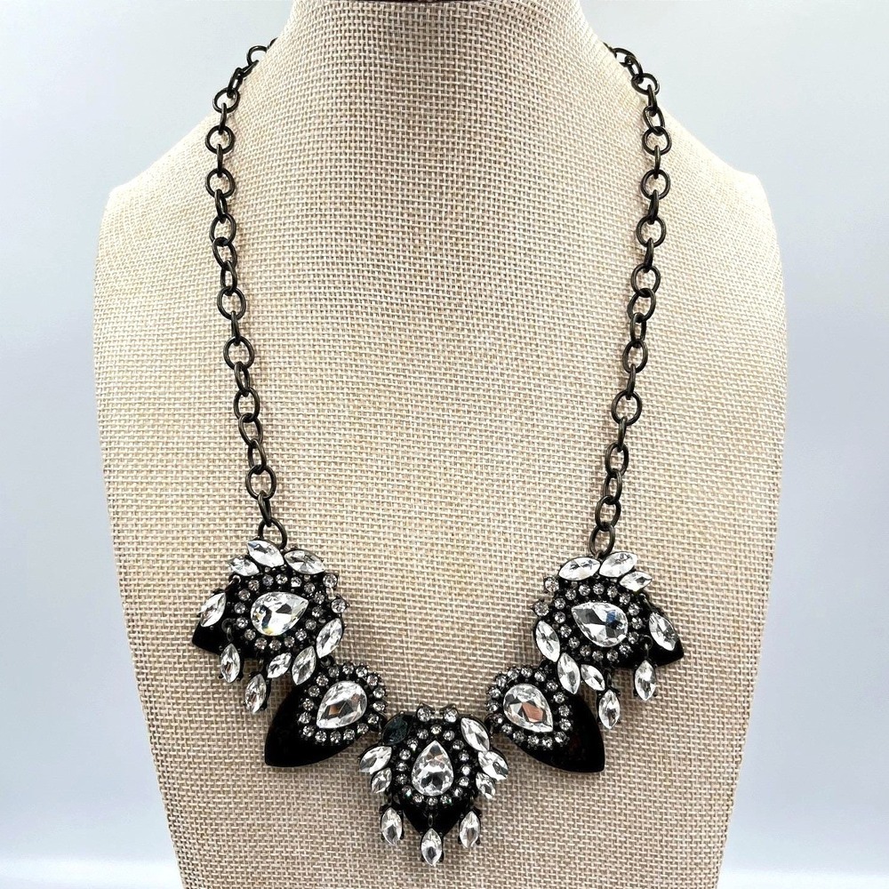 VTG Retro‎ Glam Gunmetal Statement Necklace Clear Rhinestone Bib Chunky Cluster